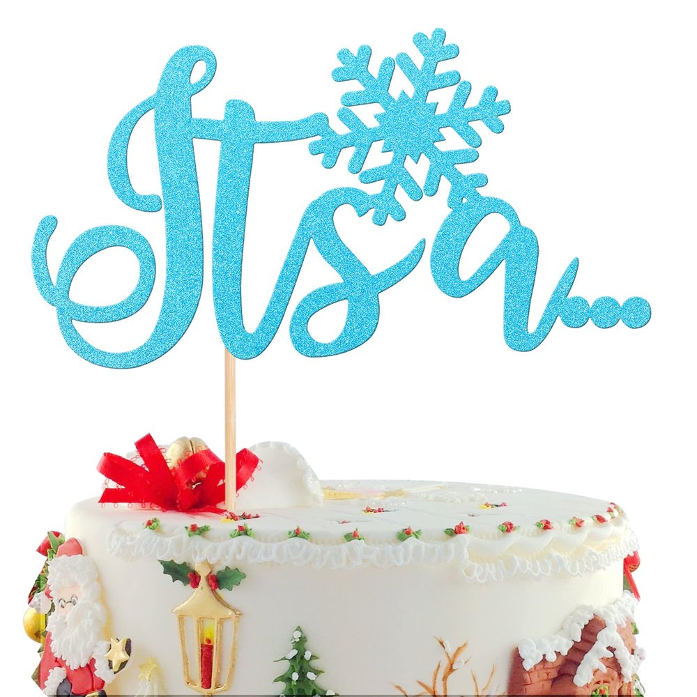 1 PCS It's a Cake Topper Glitter Winter Frozen Snowflake Cake Pick Boy or Girl Cake Decoration for Gender Reveal Winter Wonderland Baby Shower Kids Birthday Christmas Party Supplies Blue