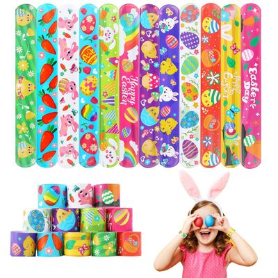 FOIMAS 48pcs Easter Slap Bracelets,Egg Bunny Chick Snap Bracelet Wristband for Easter Egg Filler Basket Stuffer Party Favor Supply