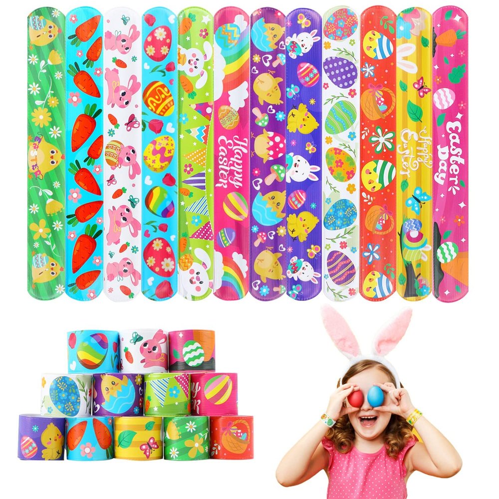 FOIMAS 48pcs Easter Slap Bracelets,Egg Bunny Chick Snap Bracelet Wristband for Easter Egg Filler Basket Stuffer Party Favor Supply