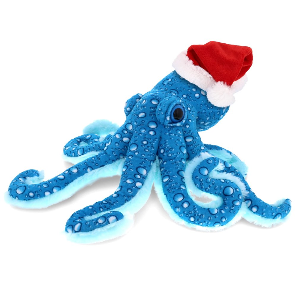 DolliBu Large Stuffed Santa Blue Octopus Plush - Super Soft Sea Creature Santa Stuffed Animal with Red Christmas Hat, Cute Octopus Toy for Holidays with Personalization - 16 Inch