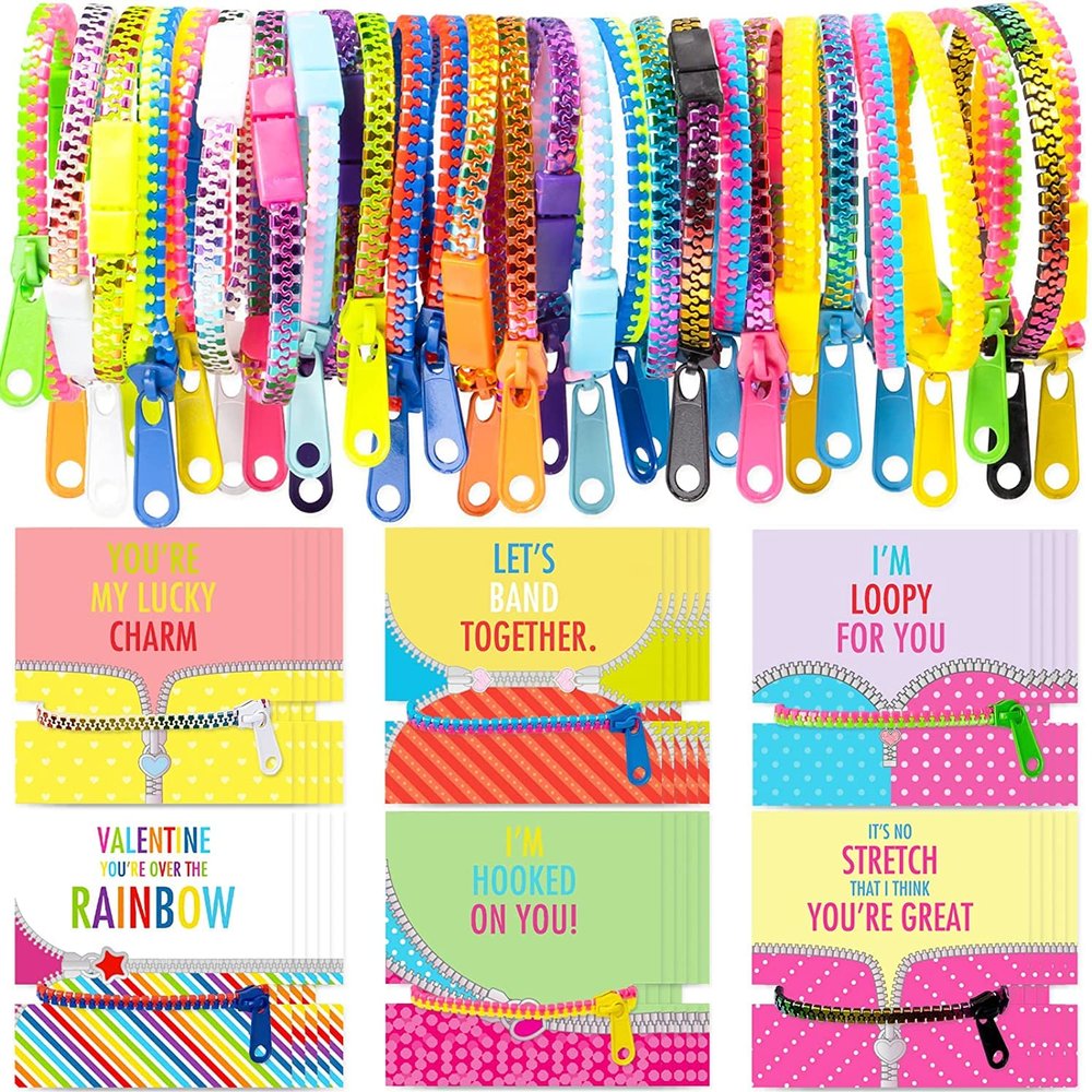 OuMuaMua 30Pcs Valentine's Day Cards Gift for Kids - Cards with Fidget Zipper Bracelets for Classroom Exchange & Party Favors
