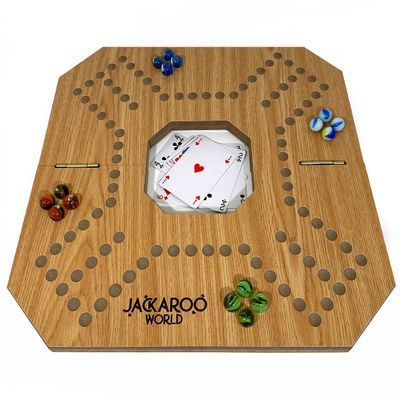 Jackaroo Board Game, 2-4 Player Marble Strategy Game, Solid Wooden Game with 16 Glass Marbles and 52 Cards, Marbles and Jokers Board Game, Marble Chase Game, Foldable Board with Carry Bag (Oak)