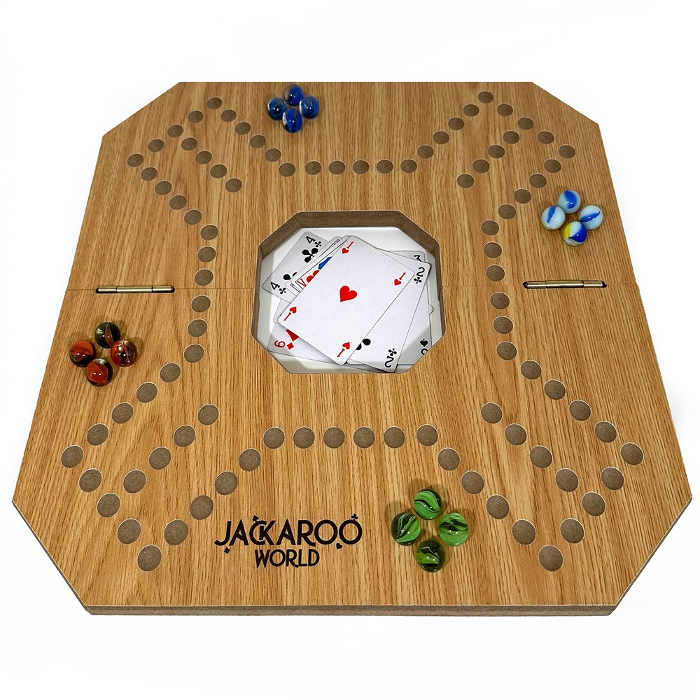 Jackaroo Board Game, 2-4 Player Marble Strategy Game, Solid Wooden Game with 16 Glass Marbles and 52 Cards, Marbles and Jokers Board Game, Marble Chase Game, Foldable Board with Carry Bag (Oak)