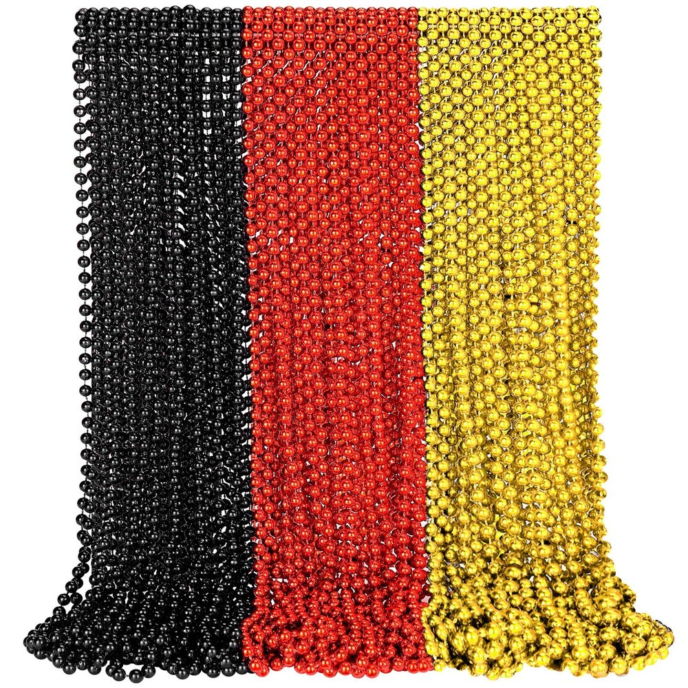 Kingdder 50 Pcs Bead Necklaces Mardi Gras Bead Necklaces Movie Night Party Decorations Metallic Colors (Black, Red and Gold)