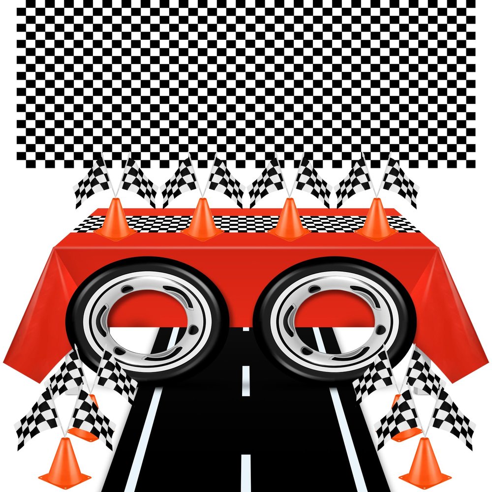 29 Pcs Race Car Birthday Party Supplies, Include 2 Plastic Table Cloth, Black Race Track Running Mat, 16 Checkered Flag, 8 Orange Traffic Cones, 2 Tire Tube Swim Ring for Racing Theme Party Decoration