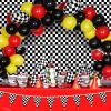 29 Pcs Race Car Birthday Party Supplies, Include 2 Plastic Table Cloth, Black Race Track Running Mat, 16 Checkered Flag, 8 Orange Traffic Cones, 2 Tire Tube Swim Ring for Racing Theme Party Decoration view 4