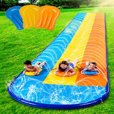 SLOOSH Triple Water Slide with 3 BodyBoards, 18FT Lawn Slip Water Splash Slide Summer Toy Splash Pad with Build in Advanced Sprinkler for Kids Adults Backyard Summer Water Fun