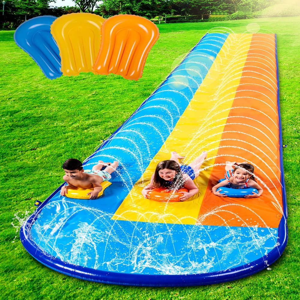 SLOOSH Triple Water Slide with 3 BodyBoards, 18FT Lawn Slip Water Splash Slide Summer Toy Splash Pad with Build in Advanced Sprinkler for Kids Adults Backyard Summer Water Fun