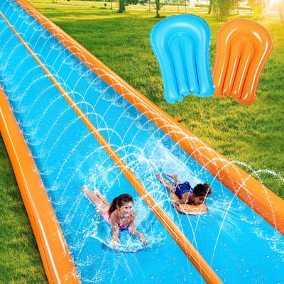 Sloosh Double Lane Water Slide,25ft x 6ft Heavy Duty Water Slip Lawn Slide with Sprinkler and 2 Inflatable Boards for Adult Kids Party Summer Yard Outdoor Play Activities