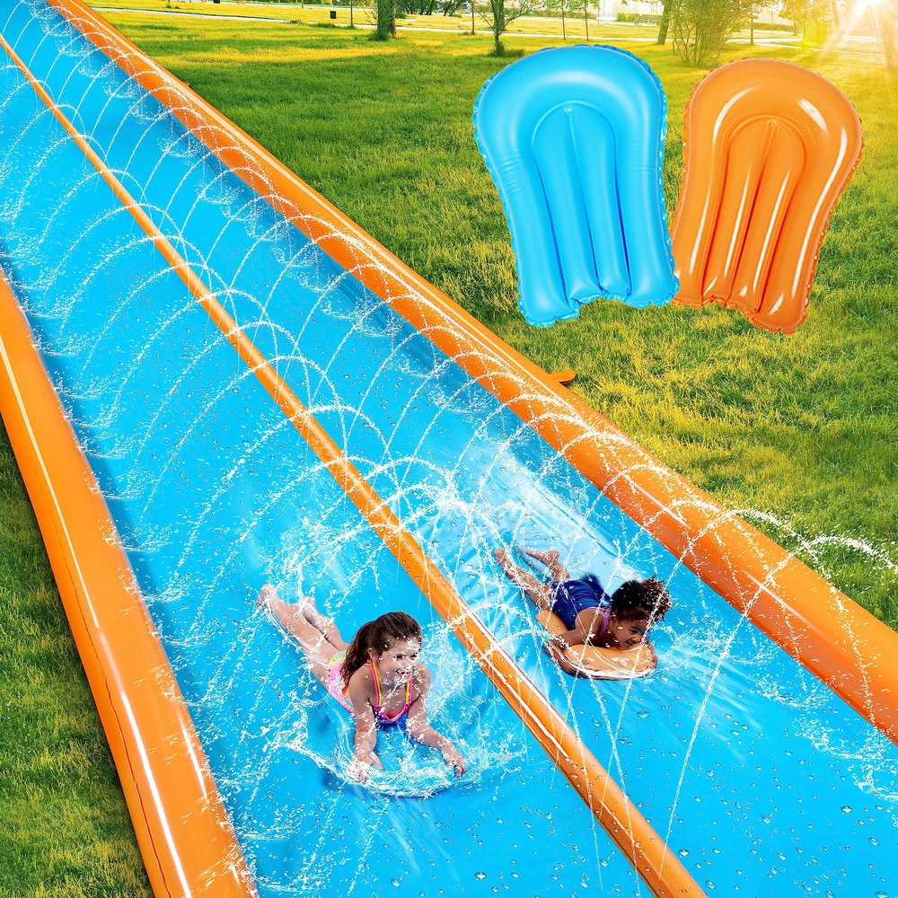 Sloosh Double Lane Water Slide,25ft x 6ft Heavy Duty Water Slip Lawn Slide with Sprinkler and 2 Inflatable Boards for Adult Kids Party Summer Yard Outdoor Play Activities