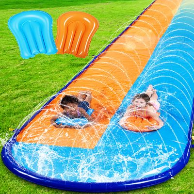 Sloosh 22.5FT Double Water Slides, Heavy Duty Lawn Slide with Sprinkler and 2 Inflatable Boards Backyard Yard Lawn Summer Outdoor Water Toy for Kids Adults