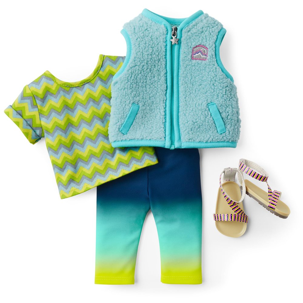 American Girl Corinne Tan Girl of the Year 2022 18-inch Doll Camping Outfit with Vest, Tee, and Sandals, For Ages 8+