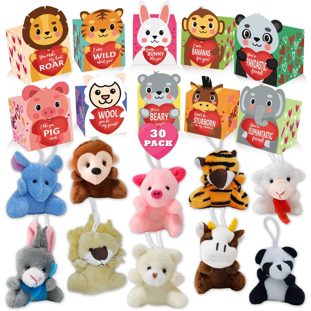 ATFUNSHOP Valentines Day Gifts for Kids 30 Pack with Animal Plush Toys Gift Card in Bulk Exchange for Girls Boys Class Classroom