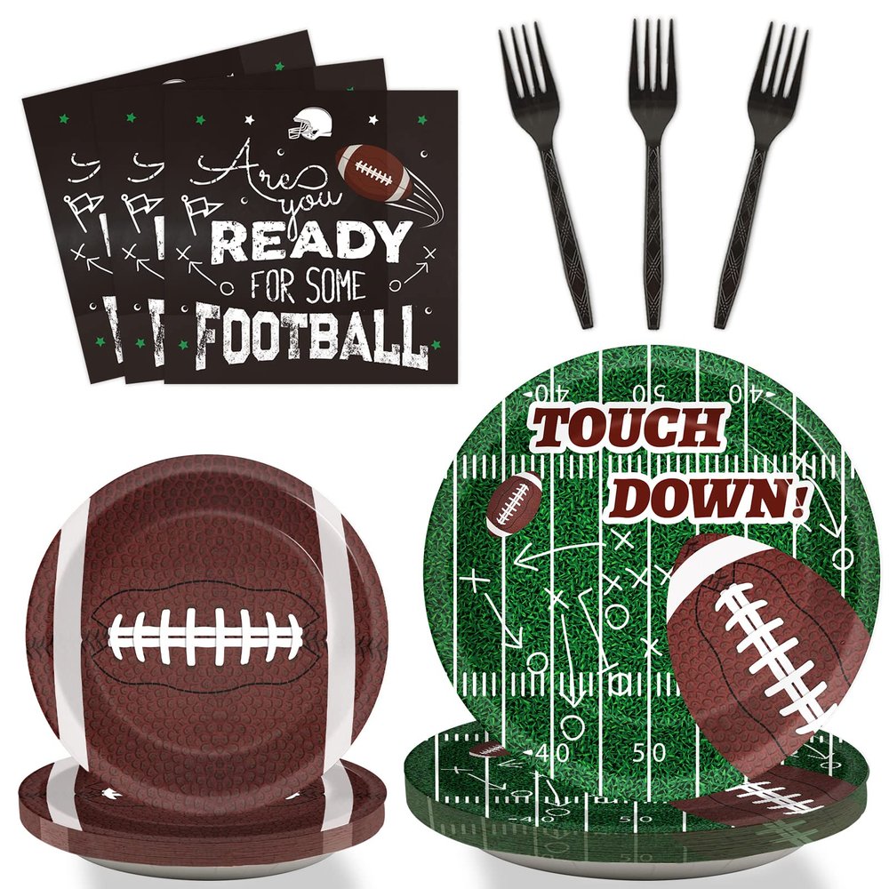 96 Pieces Football Tableware Set 24 Guests for Football Birthday Table Decorations Supplies Touchdown Football Game Day Party Dessert Plates Napkins Forks Birthday Party Favors