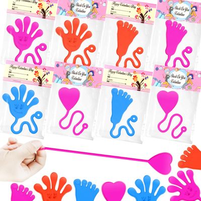Valentines Day Gifts Cards for Kids Classroom, 28-Pack Sticky Hands Feet Hearts Toys with Class Exchange Cards, Valentines Non Candy Treats Goodies Prizes School Party Favors for Toddlers Boys Girls