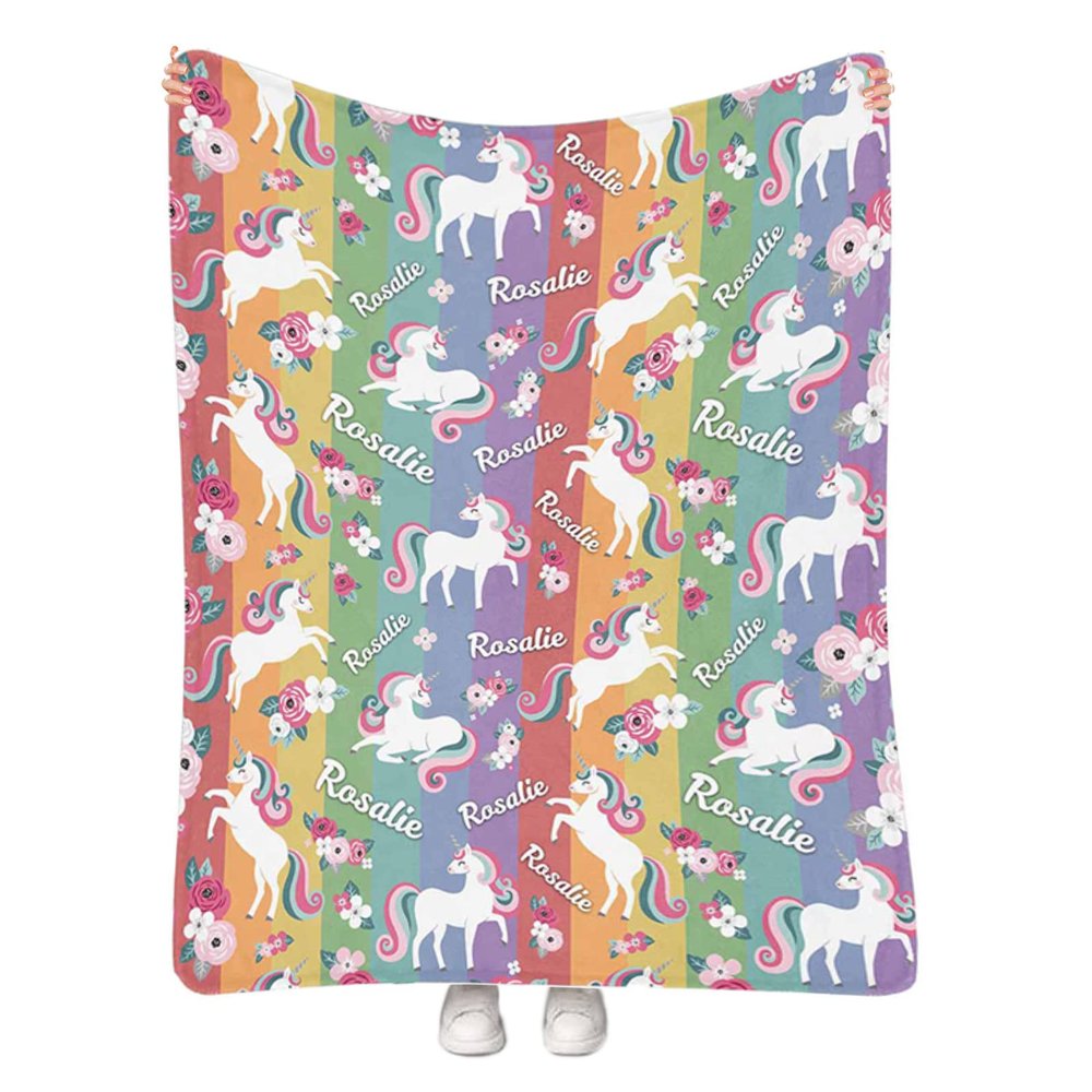 Artsadd Personalized Baby Blankets for Girls, Custom Name Blanket with Rainbow Unicorn Design for Kids Toddler, Customized Fleece Throw Blankets for Newborn Baby Shower Birthday Gifts, 50"x60"