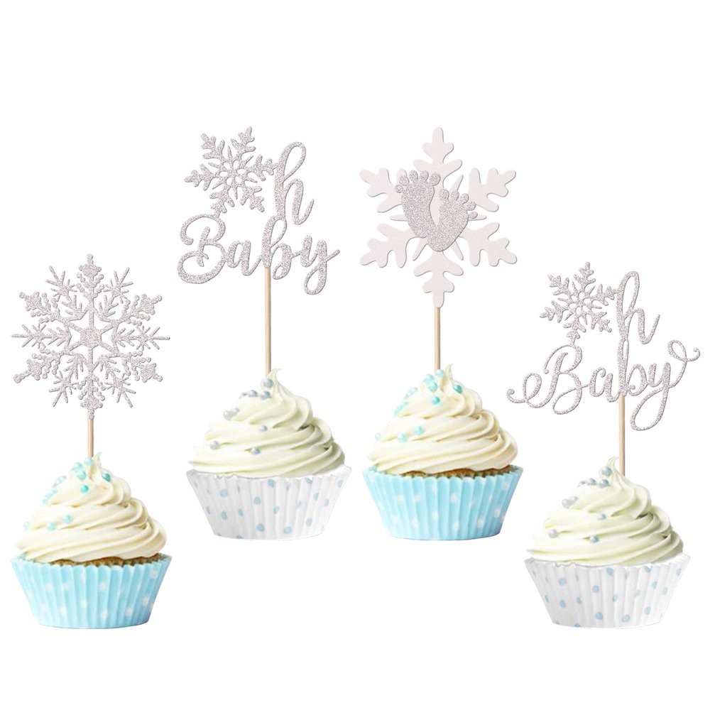 24 Pack Snowflake Cupcake Toppers Glitter Winter Oh Baby Cupcake Picks Winter Frozen Cake Decorations Snowflake Christmas Baby Shower Kids Birthday Party Supplies White
