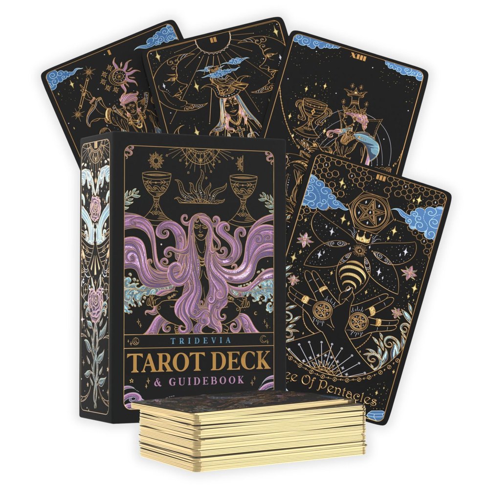 Calmoura Tridevia Tarot Cards with Guide Book (78 Cards)  Rider-Waite Inspired Tarot Deck with Meanings for Beginners and Experts  Intricate Golden Details and Luxurious Gilded Edges