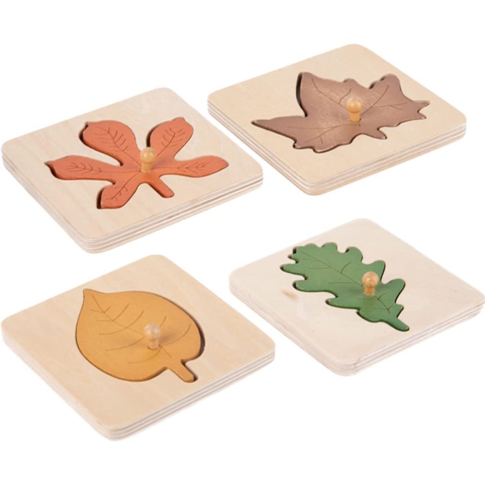 Kisangel Montessori Leaf Puzzle Set, 4Pcs Wooden Tree Identification Toys with Knobs for Toddler Cognitive Learning, Nature Exploration, and Preschool Educational Activities, Assorted Colors, 3.74 X 3