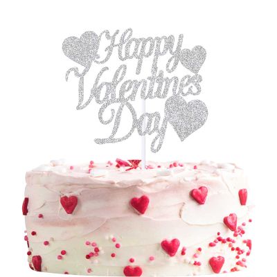 12pcs Silver Glitter Happy Valentine's Day Cake Toppers Food Picks Cake Decorations for Valentine's Day Party Suppliers