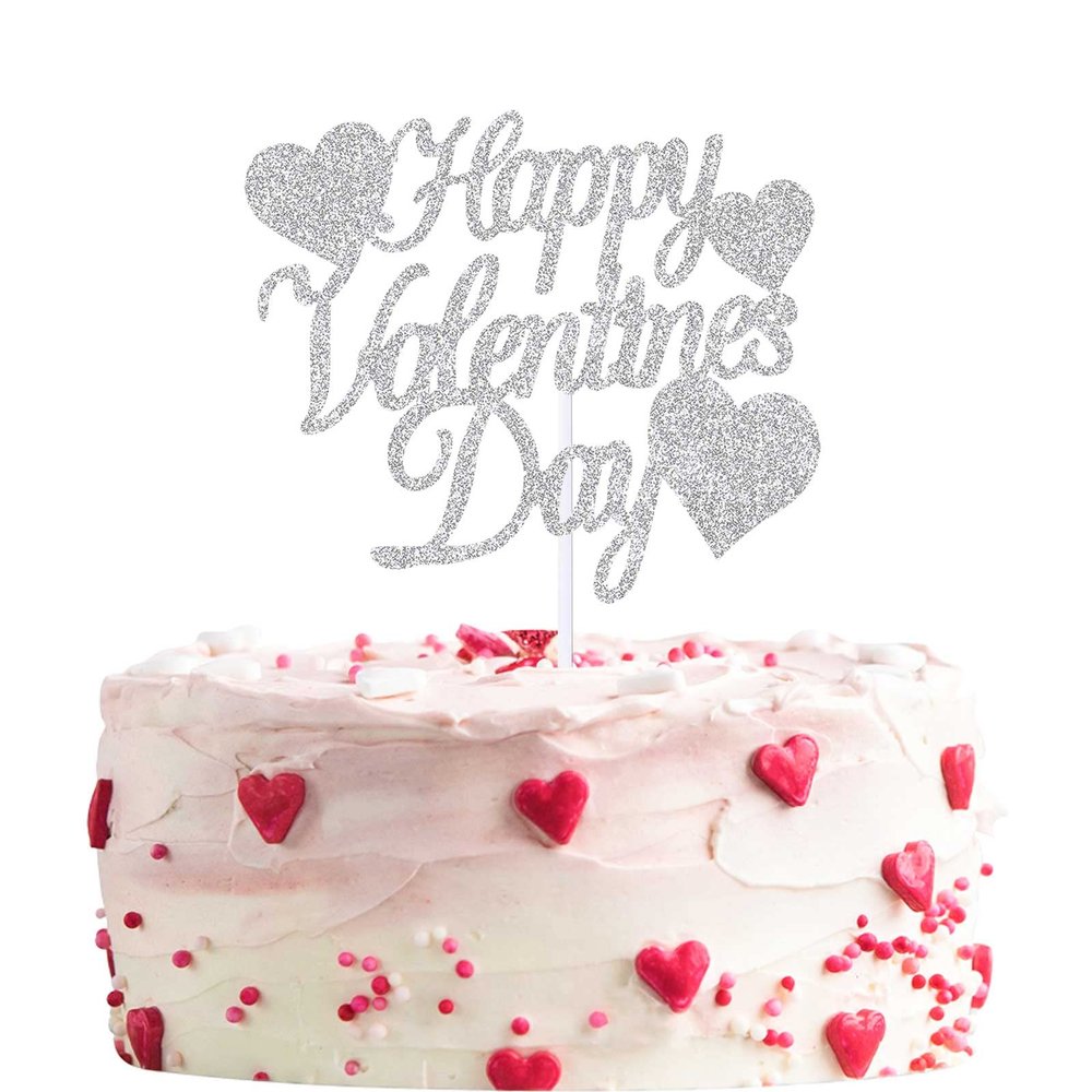 12pcs Silver Glitter Happy Valentine's Day Cake Toppers Food Picks Cake Decorations for Valentine's Day Party Suppliers