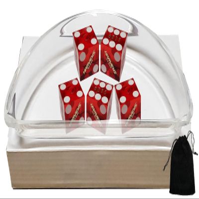Cyber-Deals Craps Dice Kit: Set of 5 Authentic Nevada Casino Dice with Storage Pouch + Acrylic Dice Boat Bundle (Lake Tahoe Harvey's (Red Polished))