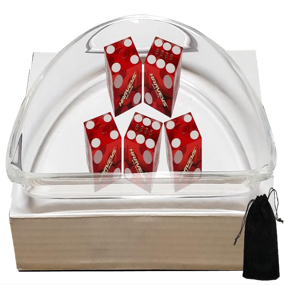 Cyber-Deals Craps Dice Kit: Set of 5 Authentic Nevada Casino Dice with Storage Pouch + Acrylic Dice Boat Bundle (Lake Tahoe Harvey's (Red Polished))