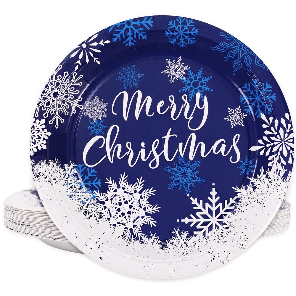 Whaline Christmas Paper Plates White Blue Snowflake Round Disposable Plates 9 Inch Merry Christmas Decorative Tableware for Christmas Winter Holiday Dinner Birthday Party Supplies, 24Pcs