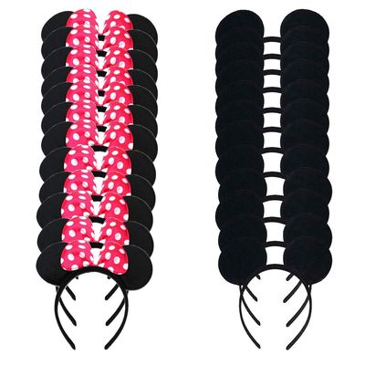 winvin Set of 24 Mouse Costume Deluxe Fabric Ears Headband White Polka Dots Bow Boys Girls Birthday Party Hairs Accessories Baby Shower Headwear Halloween Party Favors Decorations (Black Rose Red)