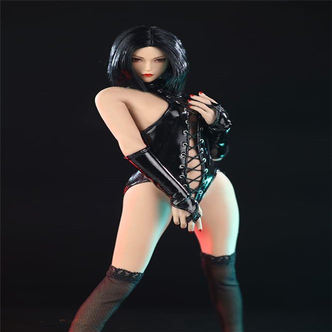 Fremego 1/6 Scale Female High Fork Leather Coat Bodysuit Clothes for 12inch PH TBL JO Female Action Figure Body (Black)