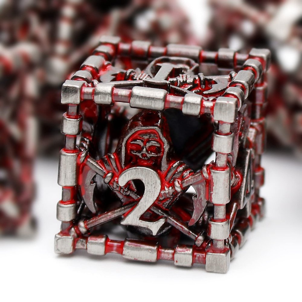 HNCCESG Hollow Grim Reaper Metal DND Dice Set,7-Piece Polyhedral RPG Dice, 3D Hollow Skeleton Design (Blood Red Numbers)