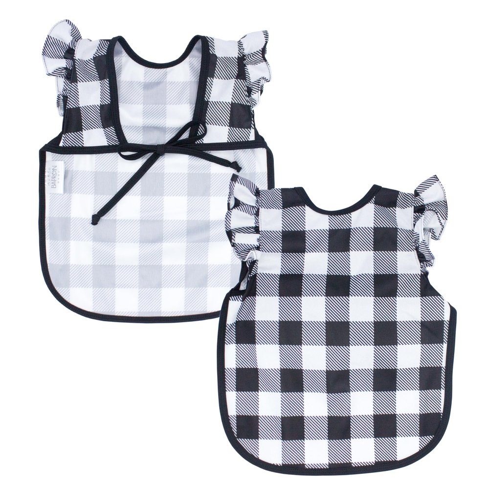 BapronBaby Flutter White Buffalo Plaid Bapron - No Neck Tie Safer Bib for Baby& Toddler - Soft Waterproof Stain Resistant - Machine Washable - Sz Baby/Toddler 6m-3T