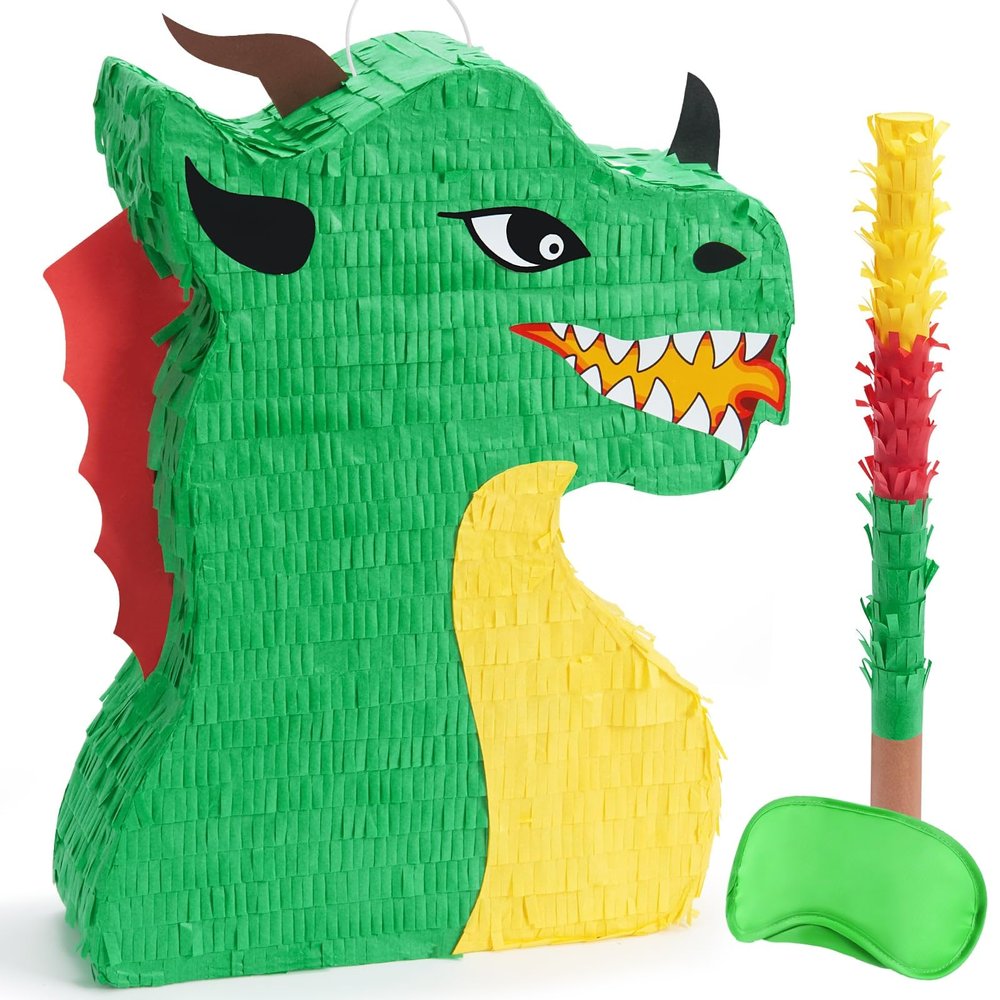 WERNNSAI Dragon Piata - Dinosaur Party Supplies Dino Piata Bundle with Blindfold and Stick for Boys Kids Dragon Theme Birthday Party Game Decorations (15.5" x 10" x 3")