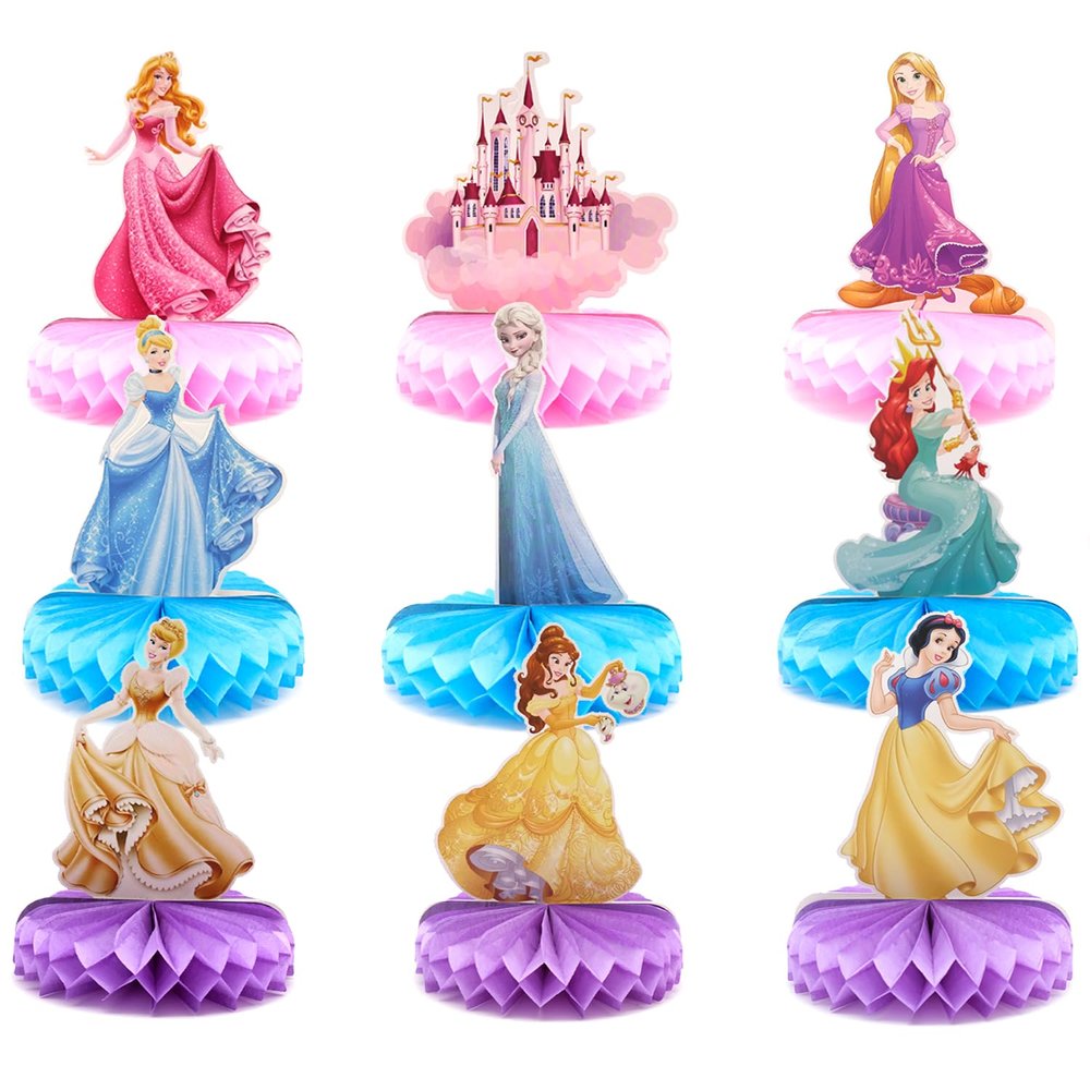 9 PCS Princess Party Honeycomb Centerpieces Decorations, Party Table Topper Decor for Girls Theme Birthday Baby Shower Christmas Party (Princess Theme)