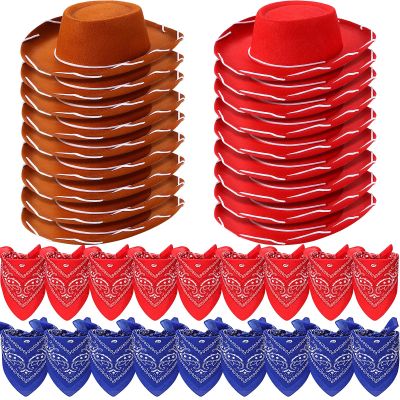 Unittype 18 Sets Cowboy Hats and Bandanas Bulk Kids Western Cowboy Costume Accessories Kids Party Supplies(Brown, Red, Blue)