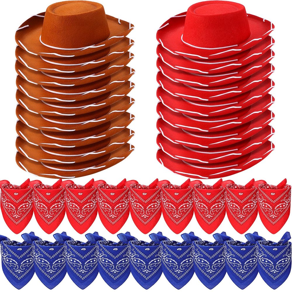 Unittype 18 Sets Cowboy Hats and Bandanas Bulk Kids Western Cowboy Costume Accessories Kids Party Supplies(Brown, Red, Blue)
