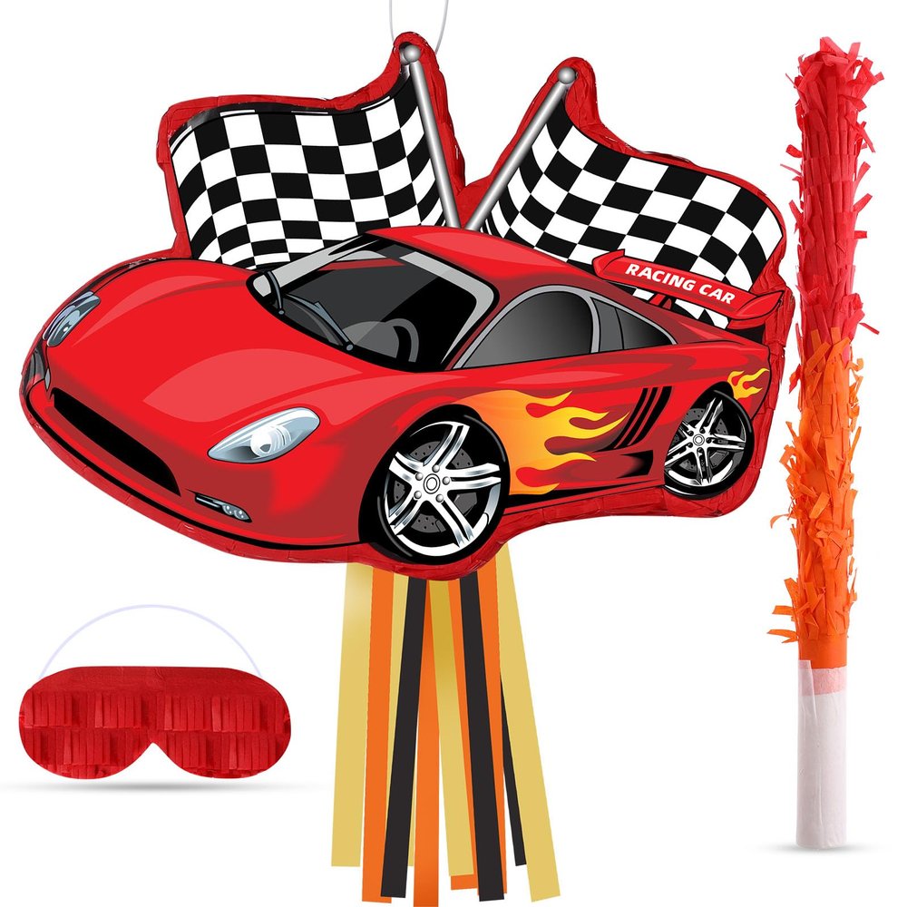 Suilung Race Car Piata Supplies Racing Party Decorations Cars Piata with Blindfold Bat 16.6 x 12.4 x 3.3 Racecar Favor for Race Fans Birthday Party Game Supplies