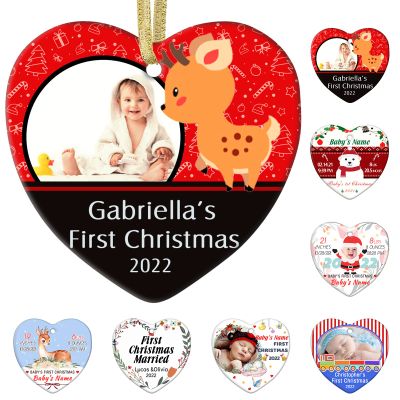 Baby First Personalized Christmas Photo Ornament,Custom Ceramic Christmas Ornaments with Name Text Picture Customized Xmas Tree Decor Newborn Baby Girl Boy Keepsake Gifts - Heart Shape