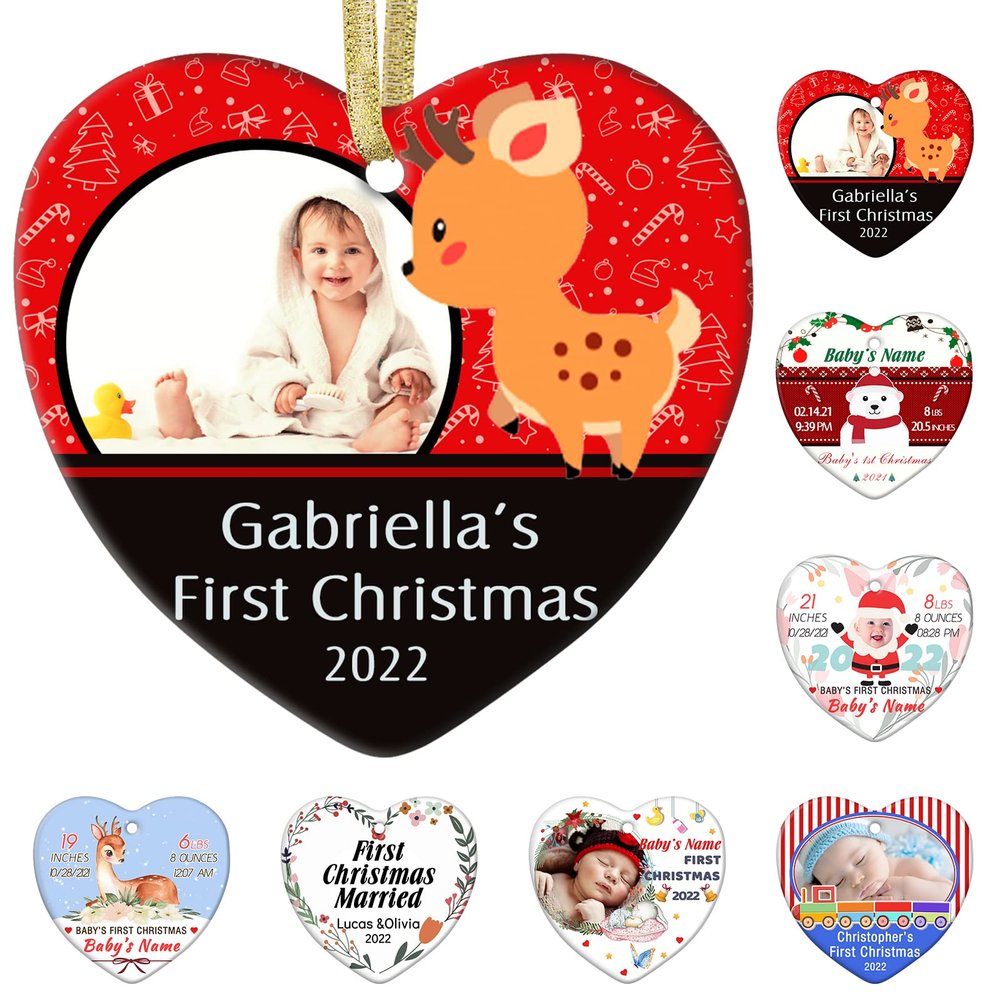 Baby First Personalized Christmas Photo Ornament,Custom Ceramic Christmas Ornaments with Name Text Picture Customized Xmas Tree Decor Newborn Baby Girl Boy Keepsake Gifts - Heart Shape