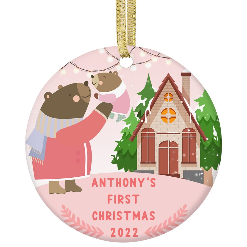 Baby First Personalized Christmas Photo Ornament,Custom Ceramic Christmas Ornaments with Name Text Picture Customized Xmas Tree Decor Newborn Baby Girl Boy Keepsake Gifts - Round Shape