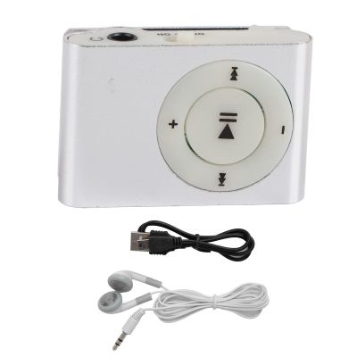 Clip On MP3 Player, Portable USB Rechargeable Music Player with 8GB Storage Expansion Slot Built in Speaker Earphones Secure Back Clip for Running Gym Aluminum Silver
