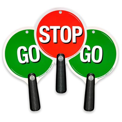 Liontouch - Stop & Go Signs, 3-Pack, Red & Green | 1+ Year - 8.9 x 5.5 in | Durable & Reversible Lollipop-Shaped Foam Paddle for School Patrolling Kids | for Teaching Children Traffic & Street Safety