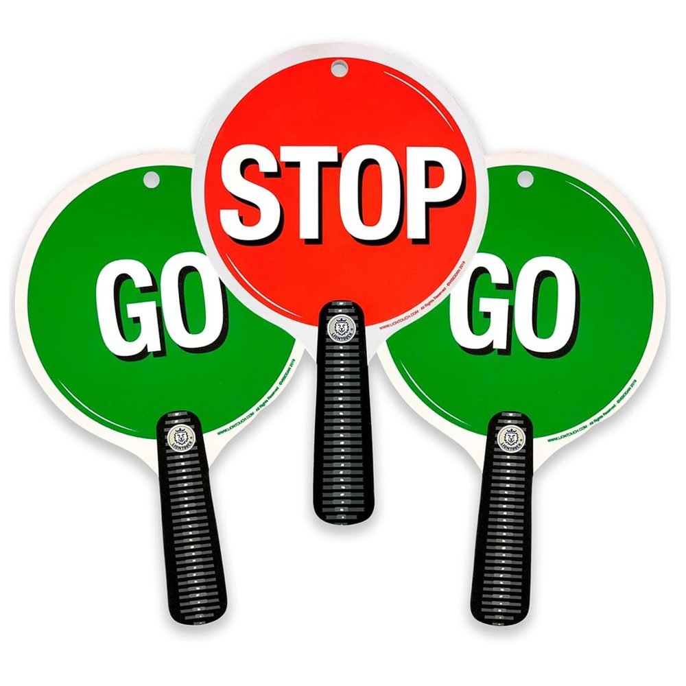 Liontouch - Stop & Go Signs, 3-Pack, Red & Green | 1+ Year - 8.9 x 5.5 in | Durable & Reversible Lollipop-Shaped Foam Paddle for School Patrolling Kids | for Teaching Children Traffic & Street Safety