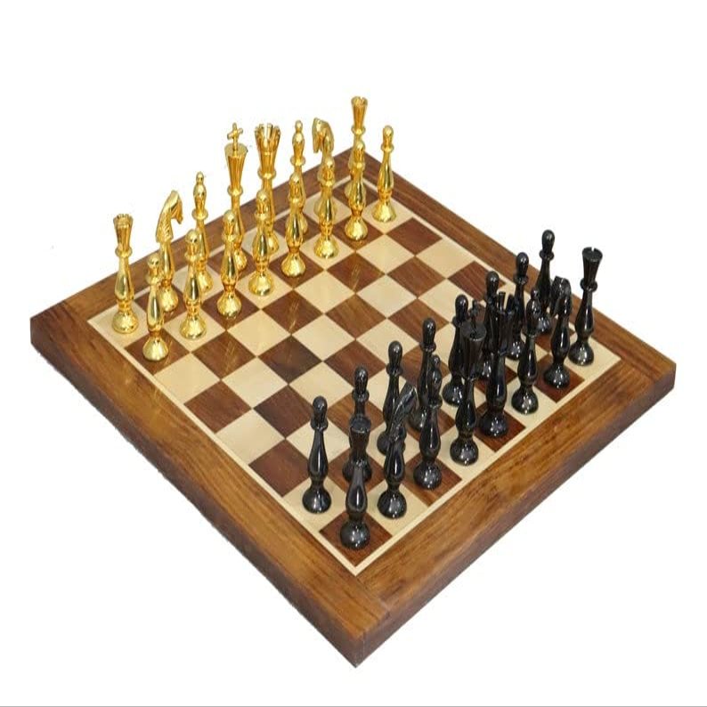 Artistic Handcrafted Metal Chess Pieces & Board Set with Storage box | Brass Metal Luxury Chess Set | Quad Weighted Royal Chess Set