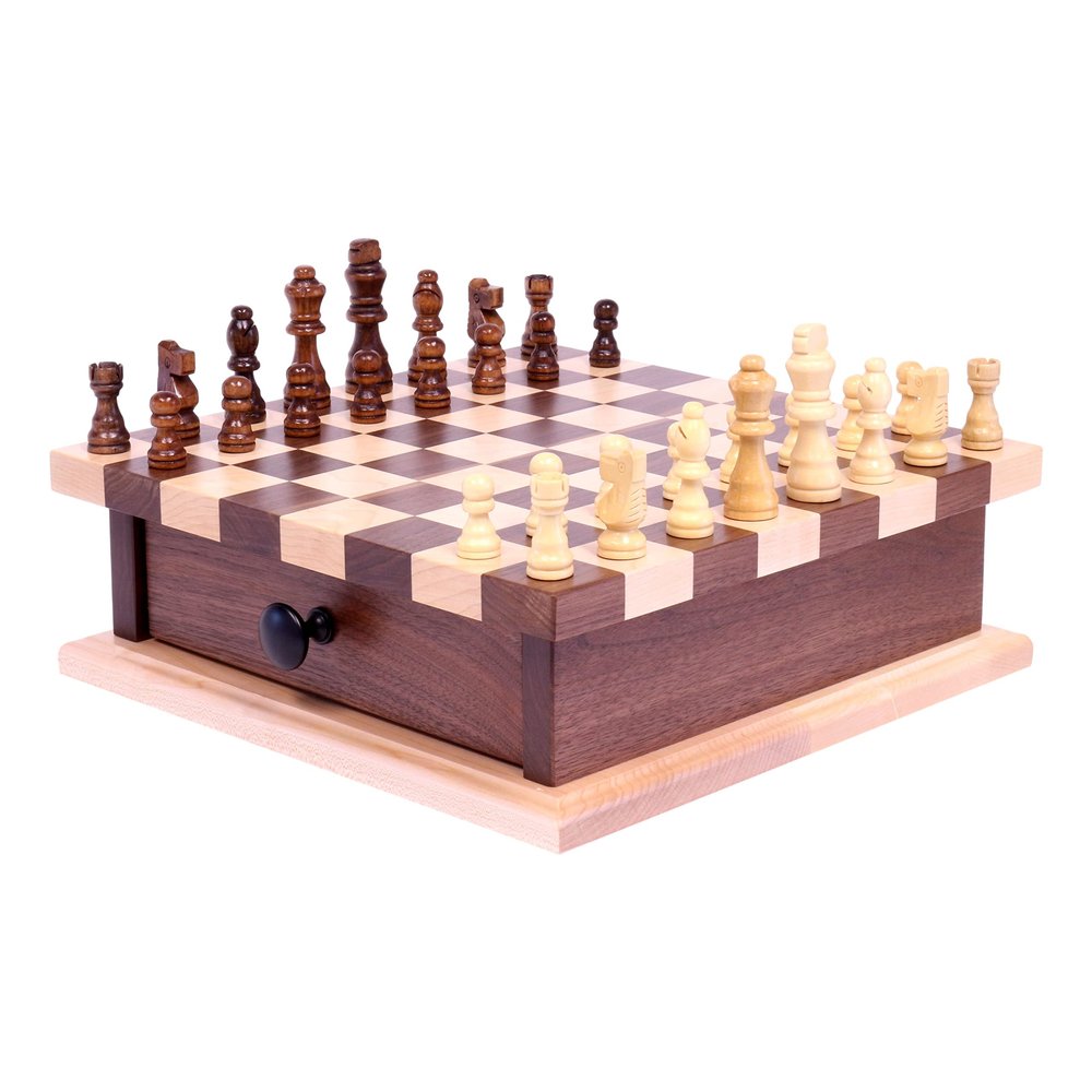 AmishToyBox.com Deluxe Chess/Checkers Wooden Game Board Set - with Pullout Storage Drawer - Includes Chess and Checkers Pieces (13" Wide Game Board)