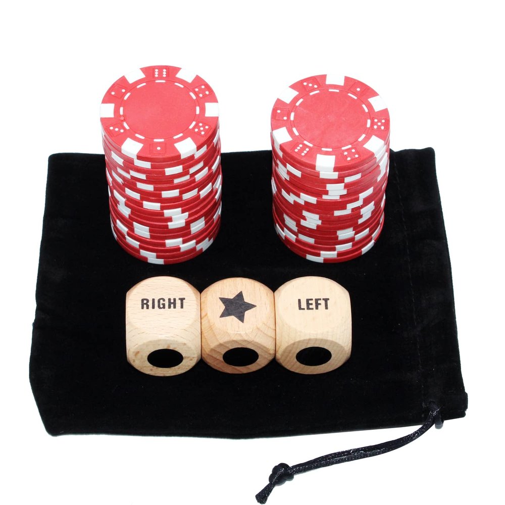 Bilywey Upgrade Left Right Center Dice Game Set with 3Pcs Beech Wood Dices + 36Pcs 11.5g Poker Chips (Red)