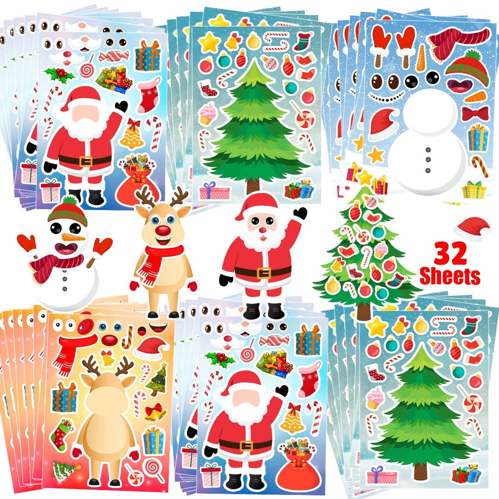 32 Sheets Christmas Stickers for Kids, Christmas Crafts Party Favors for Kids, Holiday Stickers