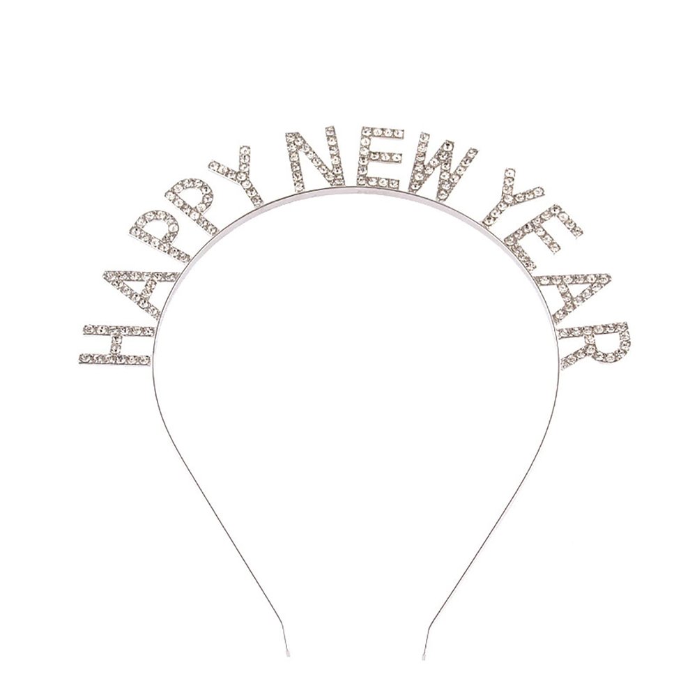 Soochat Happy New Year Headband Tiara Sparkly Rhinestones Happy New Year Hair Hoop Crystal Headpieces for New Year Eve Party Supplies Favors (Silver)