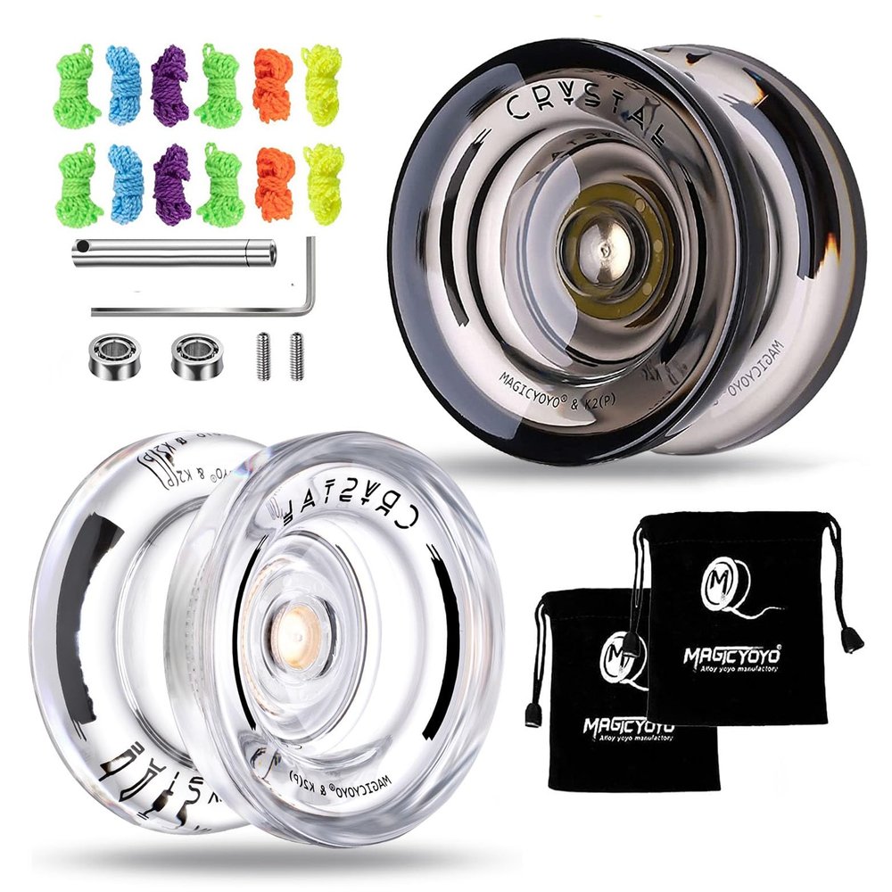 MAGICYOYO 2 Pack of Yoyos K2 Crystal, Responsive Yo-yo for Kids Beginner, Dual Function Yo yos with Replacement Unresponsive Bearing for Advanced Player+Bearing Removal Tools+12 Strings+2 Bags