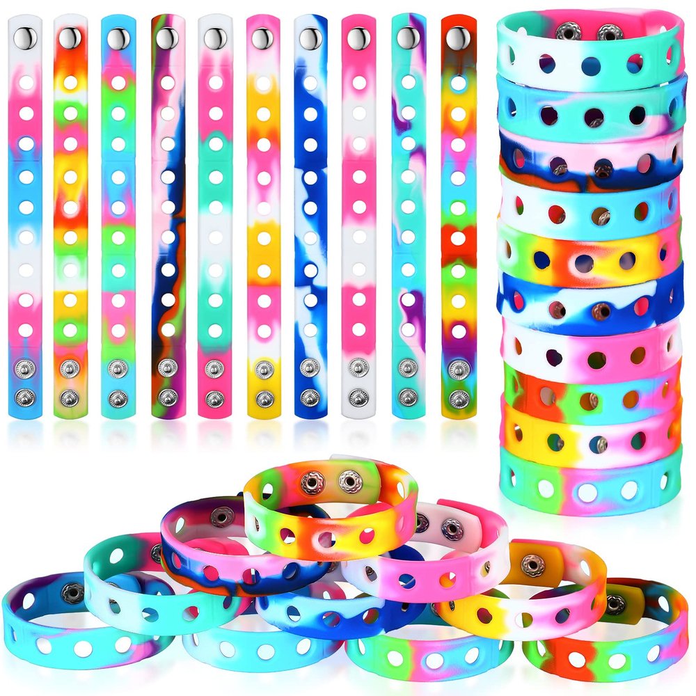 Batiyeer 50 Pcs Silicone Charm Bracelet Bulk 100th Day of School Silicone Bracelets 8 Inch Adjustable Colorful Rubber Wristbands Hold the Shoe Student Valentine Gift Rewards Classroom Party Supplies